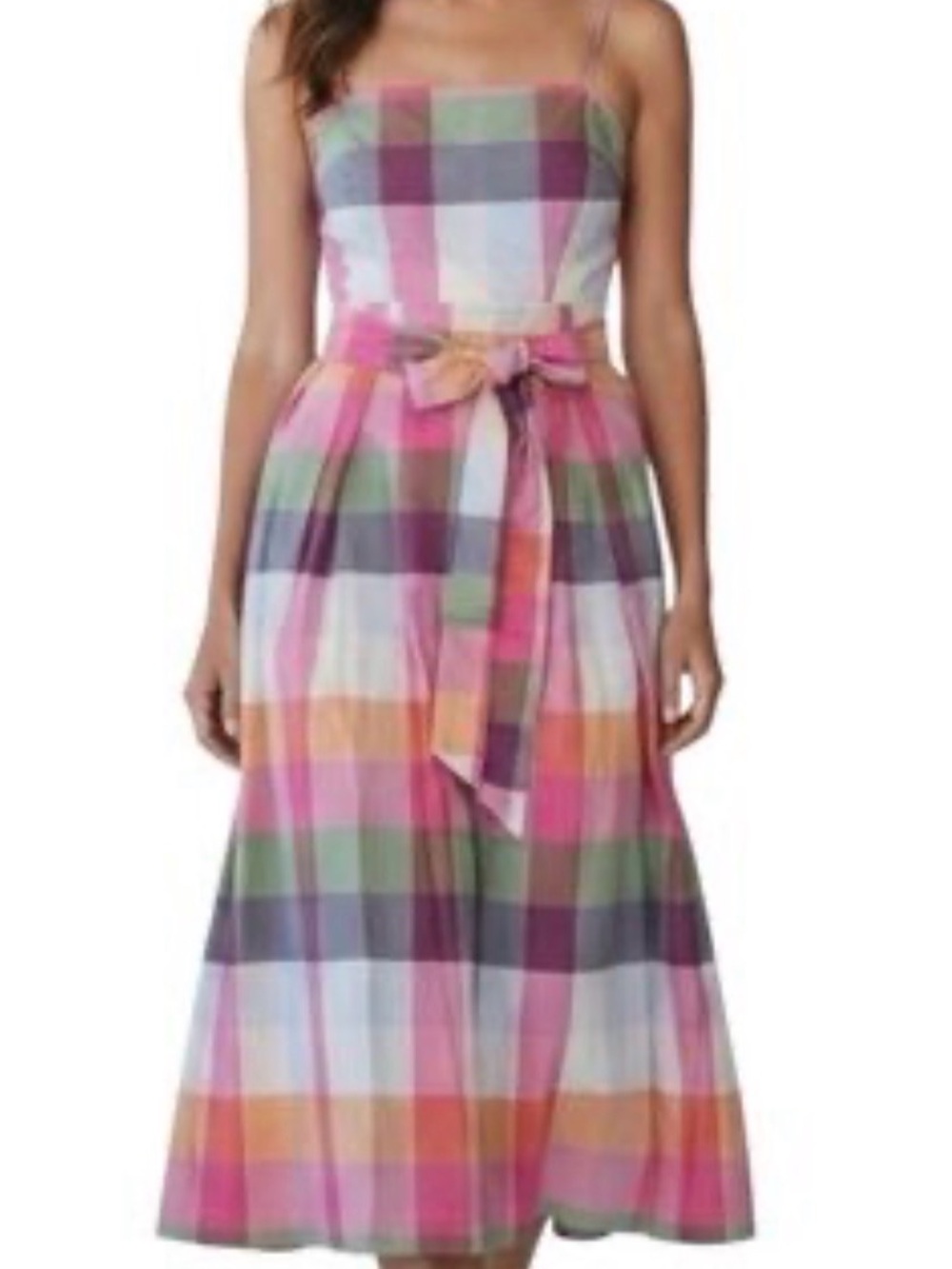 Colorblock Plaid Spaghetti-Strap Maxi Dress with Waist Tie